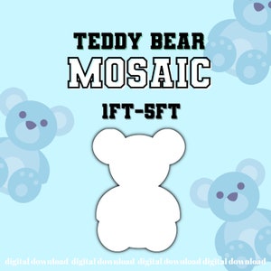 May include: A digital download pattern for a teddy bear mosaic, with a white outline of a teddy bear on a light blue background. The text "Teddy Bear Mosaic 1ft-5ft" is at the top of the image.