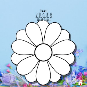 Könnte beinhalten: Ein großes weißes Blumenmosaik-Design mit schwarzer Umrandung, vor hellblauem Hintergrund. Der Text "flower MOSAIC fleet-fleet" befindet sich oben. Das Bild hat ein florales Thema.