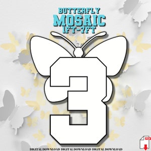 1ft-7ft Mosaïque Numéro 3 Papillon Mosaïque à partir de ballons, fichiers PDF prêts à imprimer