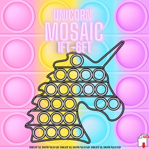 May include: A digital download pattern for a unicorn mosaic. The pattern is made up of circles and is designed to be used with 1ft to 6ft tiles. The pattern is shown on a background of pink, yellow, and blue circles.