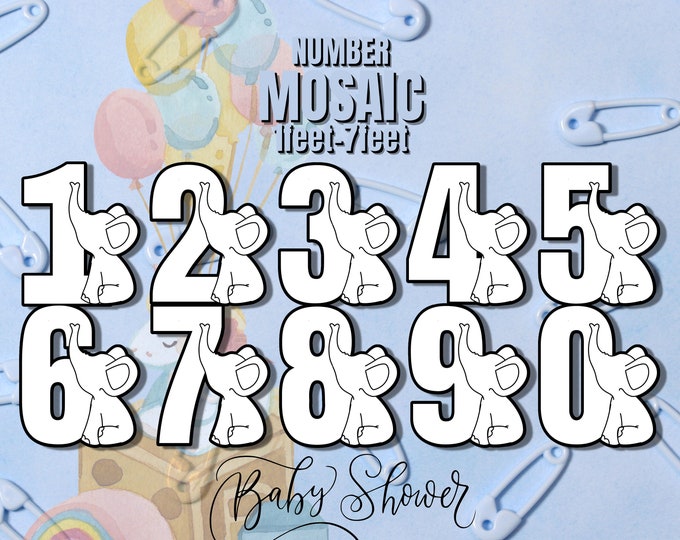 1ft-6ft Mosaic All 0-9  Baby Elephant Numbers  from Balloons PDF files with Bonus 6ft Numbers - Baby Shower