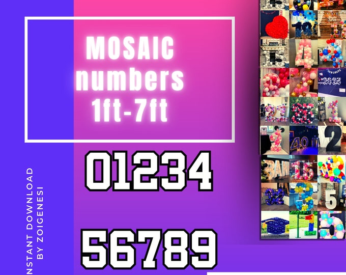 7ft 6ft 5ft 4ft 3ft 2ft 1ft Mosaic All 0-9 Square Numbers from Balloons PDF files with Instructions Book