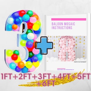 May include: A large number 3 balloon mosaic made with colourful balloons. The number is 3 feet tall and is surrounded by smaller balloons. The image also includes a smaller number 8 balloon mosaic made with pink balloons. The text "BALOON MOSAIC INSTRUCTIONS" is at the top of the image. The text "1FT + 2FT + 3FT + 4FT + 5FT + 6FT" is at the bottom of the image.
