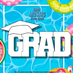 May include: A white graduation cap and the word "GRAD" in white letters against a blue background with a pool water pattern. The text "GRAD MOSAIC 1 feet-5 feet" is at the top of the image.
