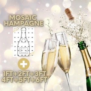 May include: A mosaic champagne bottle kit with a champagne bottle, two glasses, and a cork popping out of the bottle. The kit includes six different sizes of mosaic tiles: 1 foot, 2 feet, 3 feet, 4 feet, 5 feet, and 6 feet.