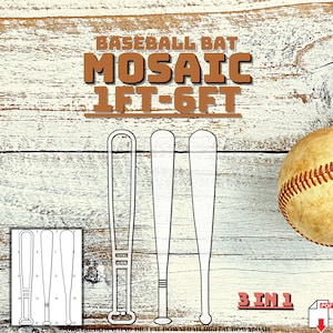 May include: A digital download for a baseball bat mosaic craft project. The image shows three different sized baseball bats, a baseball, and the text "Baseball Bat Mosaic 1ft-6ft 3 in 1".