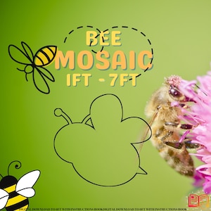 Op de afbeelding: Een bijenmozaïek-knutselproject met een bijenillustratie en de tekst "BEE MOSAIC 1FT - 7FT". Het project is een digitale download met instructies.