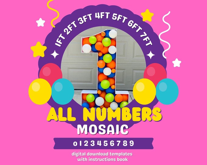 6ft 5ft 4ft 3ft 2ft 1ft Mosaic All 0-9  Numbers from Balloons PDF files with Bonus 7ft Numbers And Instructions Book