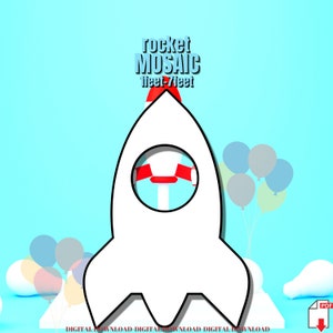 May include: A white rocket shaped mosaic craft template with red accents. The template is 1 foot to 7 feet in size. The image includes the text "rocket mosaic 1 feet - 7 feet".