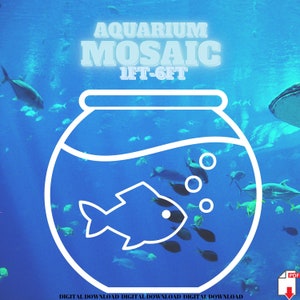 May include: A digital download of a mosaic tile design for an aquarium. The design features a fishbowl with a fish inside and a blue background. The text "AQUARIUM MOSAIC 1FT-6FT" is at the top of the image.