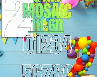 6ft 5ft 4ft 3ft 2ft 1ft Mosaic All 0-9  Numbers from Balloons PDF files with Bonus 6ft Numbers And Instructions Book