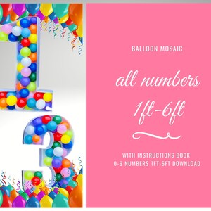 1ft-6ft mozaïek alle 0-9 cijfers van ballonnen PDF-bestanden met instructieboek - 60 bestanden bundeloverzicht grote zelfprintende vellen