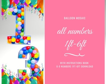 1ft-6ft Mosaic All 0-9  Numbers from Balloons PDF files with Instructions Book - 60 Files Bundle Outline Large Self Printing Sheets