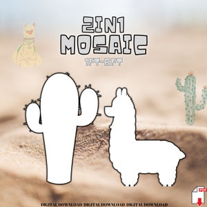 May include: A digital download of two mosaic patterns, a cactus and a llama, both in white on a tan background. The text "2 in 1 Mosaic 1ft-6ft" is at the top of the image.