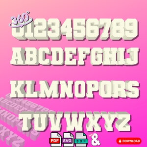 Letras 3D, Números 3D, A a Z, 0 a 9 y &, Mosaico Pdf, Svg, Archivos Dxf Cuadro Cartas de tabla y archivos de impresión de números Plantillas de 360 grados