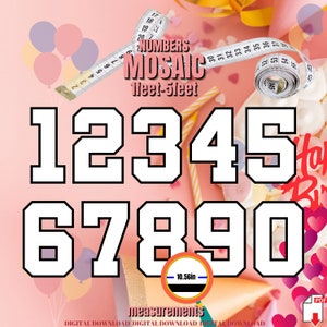 May include: White numbers 1 through 5 and 6 through 0 in a bold, block font style. The numbers are approximately 10.56 inches tall. The background is pink with a variety of colorful balloons and a measuring tape.
