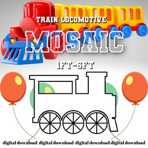 以下が含まれることがあります： 「TRAIN LOCOMOTIVE MOSAIC 1FT-5FT」という文字の上に、おもちゃの機関車の白黒の輪郭線があります。輪郭線は、左右に赤い風船が2つある白い背景の上にあります。
