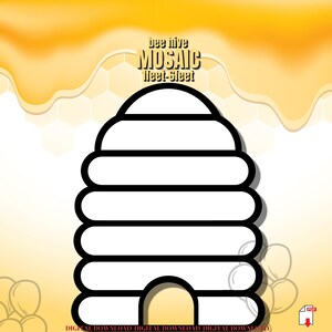 May include: Black and white line art illustration of a beehive with the text "bee hive MOSAIC 1 feet-5 feet" above it. The beehive is on a yellow honeycomb background.