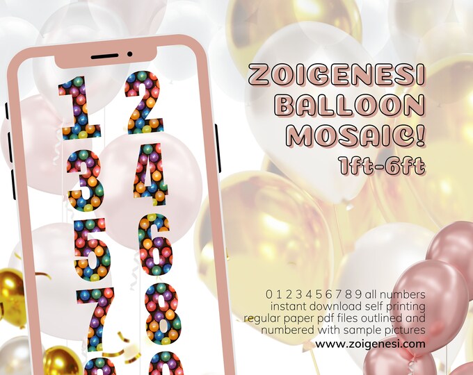 5ft 4ft 3ft 2ft 1ft Mosaic All 0-9  Numbers from Balloons PDF files with Bonus 6ft Numbers And Instructions Book