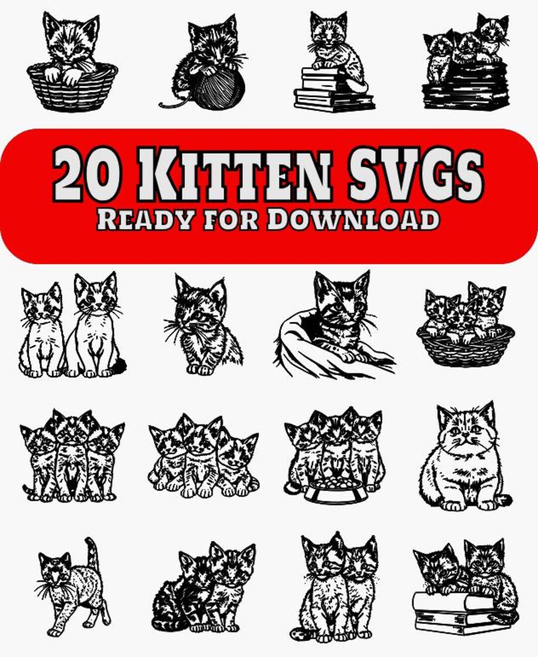 Cute Kitten SVG Bundle: 20 Kitten Illustrations (digital Download