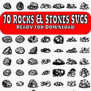 May include: A set of 70 black and white vector illustrations of rocks and stones. The illustrations are in various shapes and sizes, and some include grass and mushrooms.