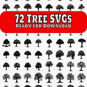 Puede incluir: Una colección de 72 SVG de árboles en blanco y negro, listos para descargar. Los árboles están dibujados en un estilo simple y dibujado a mano.