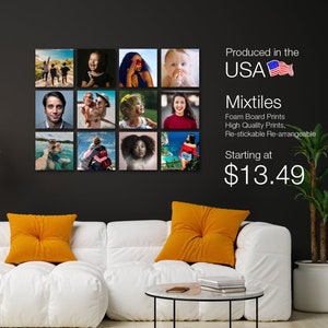 May include: A wall display of twelve square photo prints. The photos feature various people. The text "Produced in the USA" and "Mixtiles" is visible. The prints are re-stickable and re-arrangeable.