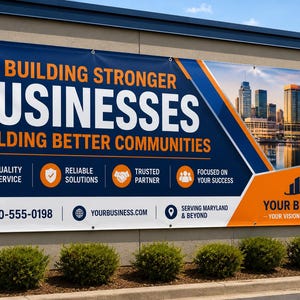 May include: A large rectangular vinyl banner with a dark blue and orange color scheme. The text reads BUILDING STRONGER BUSINESSES BUILDING BETTER COMMUNITIES. It includes icons for quality service, reliable solutions, trusted partner, and success.