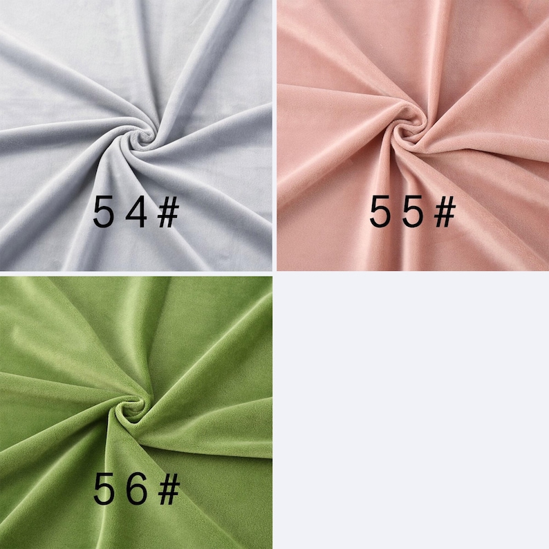 May include: Three swatches of velvet fabric arranged in a grid. The top left is light gray labeled 54#, the top right is dusty pink labeled 55#, and the bottom left is olive green labeled 56#. Each fabric piece features soft folds and a smooth texture.