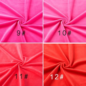 May include: A grid of four fabric swatches featuring a soft, velvet-like texture. Each section displays a different shade of pink and red, labeled with the text 9#, 10#, 11#, and 12# respectively, showing draped folds and a smooth surface.