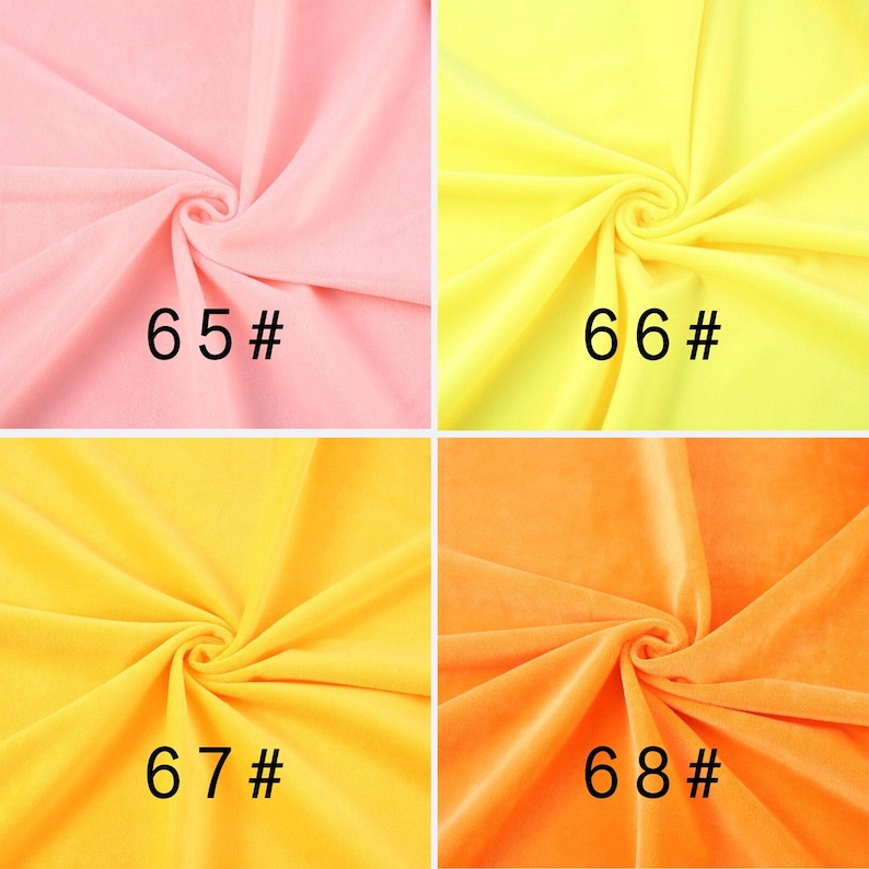 May include: A grid of four fabric swatches in pink, light yellow, golden yellow, and orange. Each swatch features a central swirl pattern and is labeled with black text: 65#, 66#, 67#, and 68# respectively, indicating distinct color options.