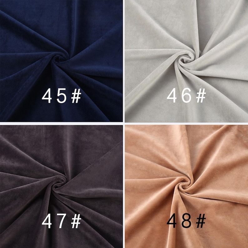 May include: A grid of four fabric swatches featuring a soft, plush texture. The top left is dark navy blue labeled 45#, top right is light gray labeled 46#, bottom left is dark charcoal gray labeled 47#, and bottom right is light tan labeled 48#.