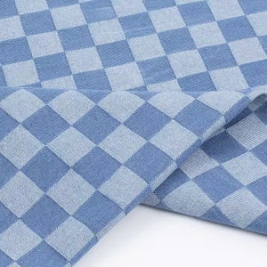Checkerboard Denim Fabric, Geometric Pattern Thick Denim, Washed Denim Fabric, Blue Denim, Cotton Denim Fabric, By The Half Yard