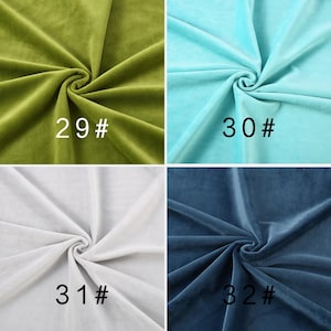 May include: A four-panel grid of velvet fabric swatches in olive green, light turquoise, white, and dark blue. Each swatch is gathered in the center to show texture and drape, with labels 29#, 30#, 31#, and 32# printed on each section.