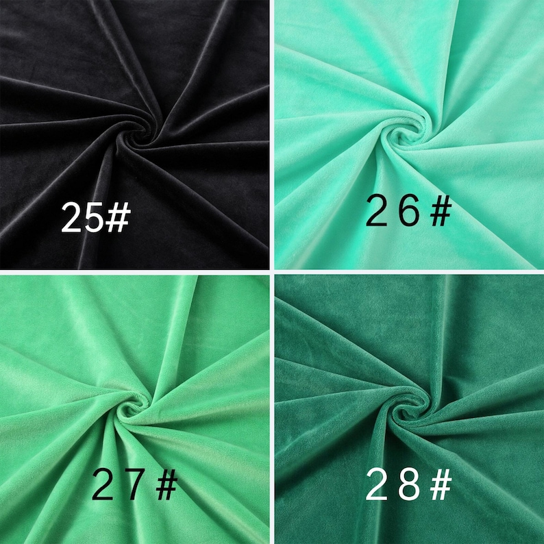 May include: A four-panel grid showing velvet fabric in different colors. Top left is black labeled 25#, top right is mint green labeled 26#, bottom left is bright green labeled 27#, and bottom right is dark forest green labeled 28#.