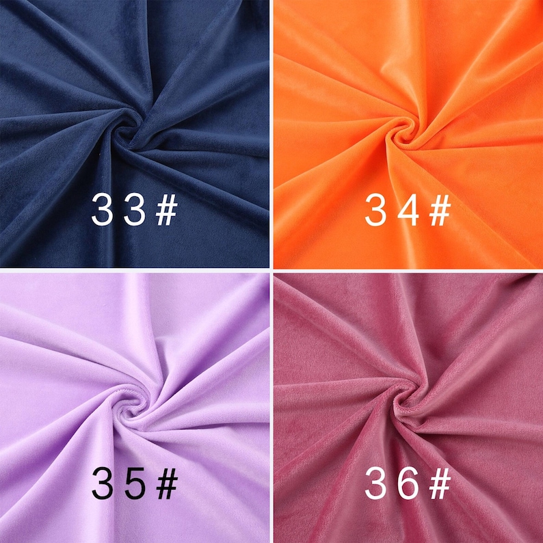 May include: A grid of four velvet fabric swatches in navy blue, bright orange, light lavender, and deep magenta. Each section features a central swirl and is labeled with white text: 33#, 34#, 35#, and 36# respectively, indicating color codes.