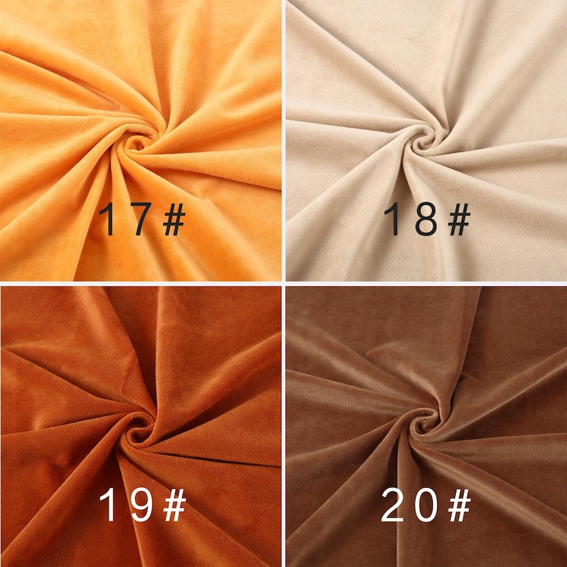 May include: A four-panel grid showing fabric swatches in shades of orange and brown. The top left is bright orange labeled 17#, top right is beige labeled 18#, bottom left is burnt orange labeled 19#, and bottom right is dark brown labeled 20#.