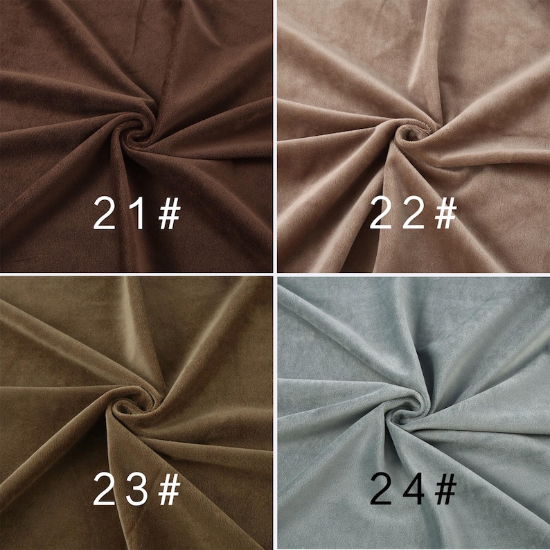 May include: A grid of four fabric swatches with a soft, velvet-like texture, each gathered in the center. The colors are dark brown labeled 21#, light taupe labeled 22#, olive brown labeled 23#, and muted light blue-gray labeled 24#.