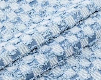 Checkerboard Striped Jacquard Denim Fabric, Thick Denim, Blue Denim, Washed Denim Fabric, Cotton Denim Fabric,By The Half Yard