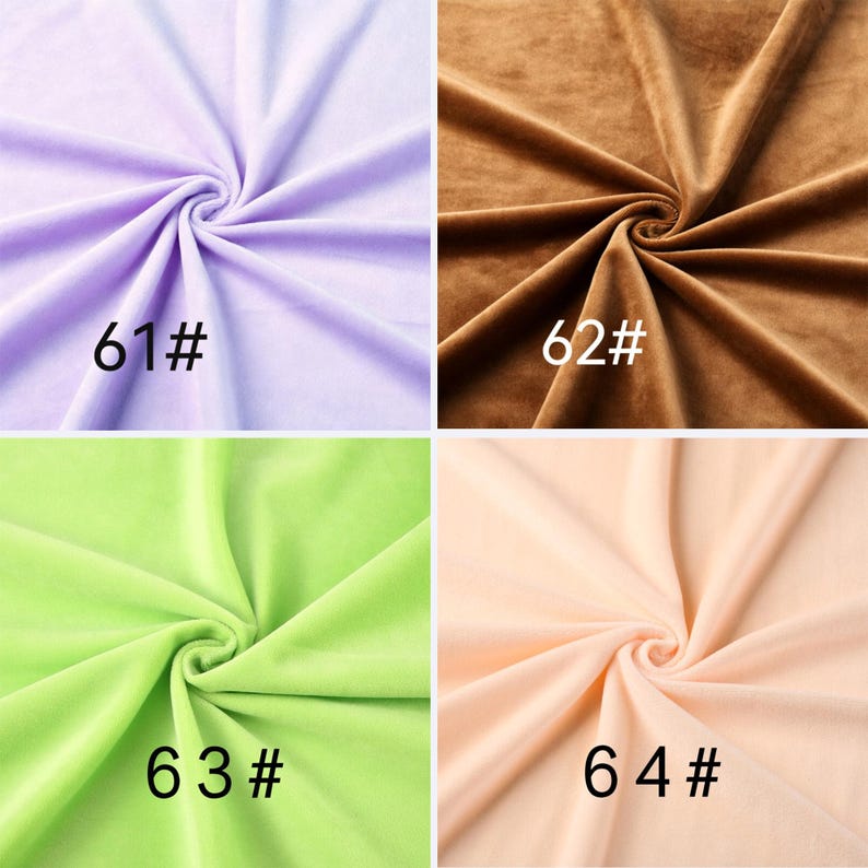 May include: A four-quadrant display of soft fabric swatches. Top left is light purple labeled 61#. Top right is brown labeled 62#. Bottom left is lime green labeled 63#. Bottom right is pale peach labeled 64#. Each fabric features a central swirl.