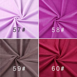 May include: A four-panel grid showing swatches of velvet fabric in different colors. The top left is light lavender labeled 57#, top right is bright magenta labeled 58#, bottom left is muted taupe labeled 59#, and bottom right is deep red labeled 60#.