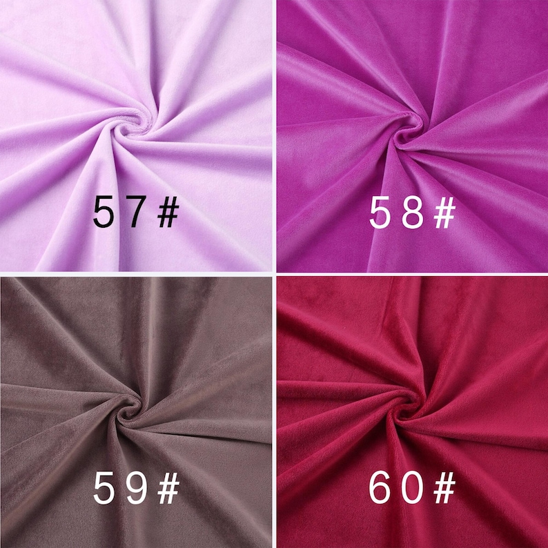 May include: A four-panel grid showing swatches of velvet fabric in different colors. The top left is light lavender labeled 57#, top right is bright magenta labeled 58#, bottom left is muted taupe labeled 59#, and bottom right is deep red labeled 60#.