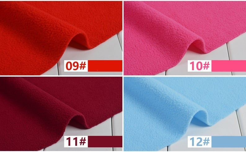 May include: Four fabric swatches in different colours: red, pink, burgundy, and light blue. The swatches are labelled with numbers 09, 10, 11, and 12.