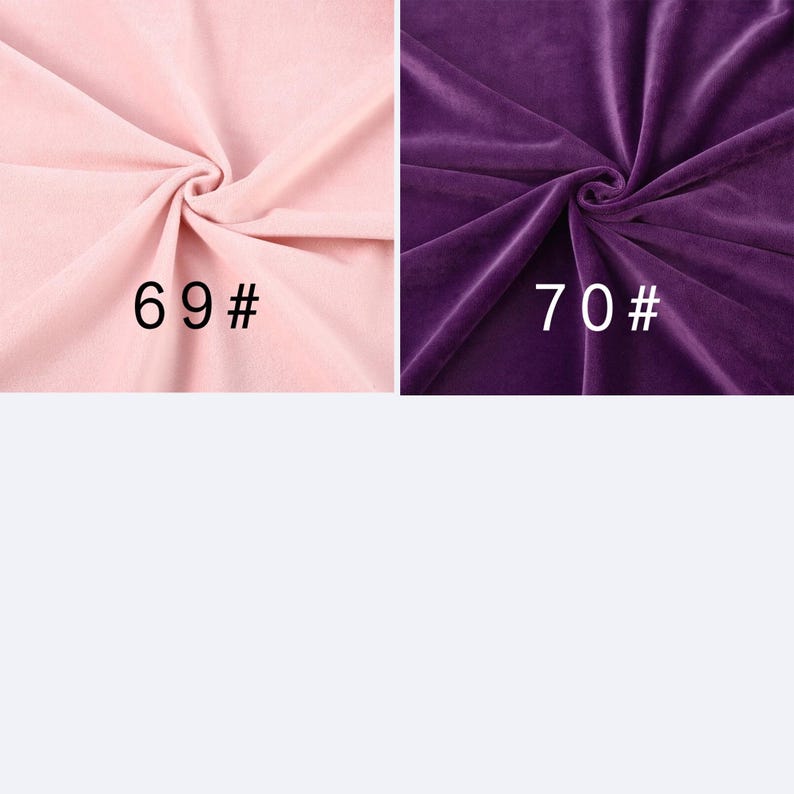 May include: Two swatches of velvet fabric with a soft, plush texture. The left swatch is light pink and labeled 69#. The right swatch is deep purple and labeled 70#. Both fabrics feature gathered folds that create subtle shadows and highlights.