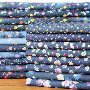 Chrysanthemum Pattern Denim Fabric, Washed Denim Fabric, Floral Denim Fabric, Lightweight Denim Fabric, Soft Denim Fabric, By the half yard