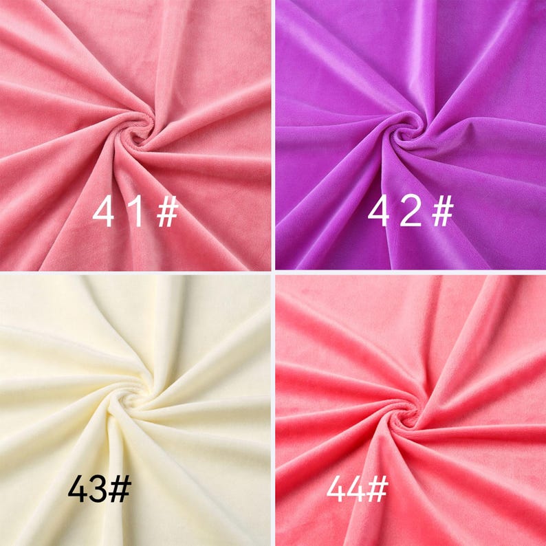May include: A grid of four velvet fabric swatches in pink, purple, cream, and coral. Each swatch is gathered in the center to show texture and drape. The swatches are labeled with white text as 41#, 42#, 43#, and 44# respectively.