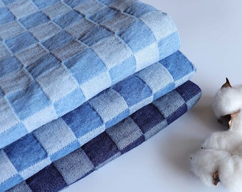 Plaid Washed Denim Fabric, Designer Denim Fabric,By The Half Yard