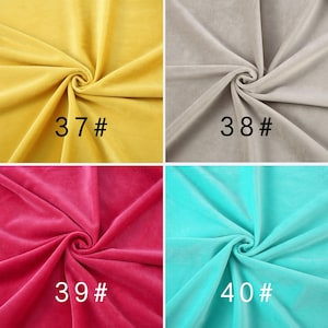 May include: A four-panel collage of velvet fabric swatches in yellow, light gray, magenta, and turquoise. Each swatch is gathered in the center to show texture and drape. The labels 37#, 38#, 39#, and 40# are printed on the respective fabric colors.