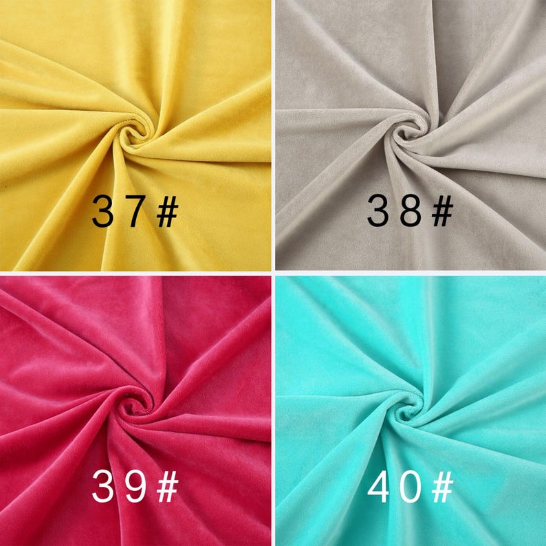 May include: A four-panel collage of velvet fabric swatches in yellow, light gray, magenta, and turquoise. Each swatch is gathered in the center to show texture and drape. The labels 37#, 38#, 39#, and 40# are printed on the respective fabric colors.