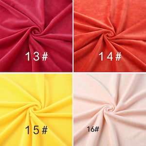 May include: A four-panel grid of velvet fabric swatches. The top left is deep red labeled 13#, top right is orange labeled 14#, bottom left is bright yellow labeled 15#, and bottom right is pale pink labeled 16#. Each swatch shows fabric folds.